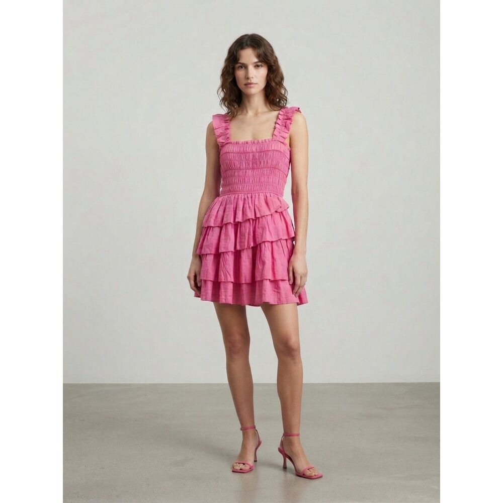 SEA New York Cole Smocked Ramie Mini Dress Pink XS NWT Tiered Ruffles